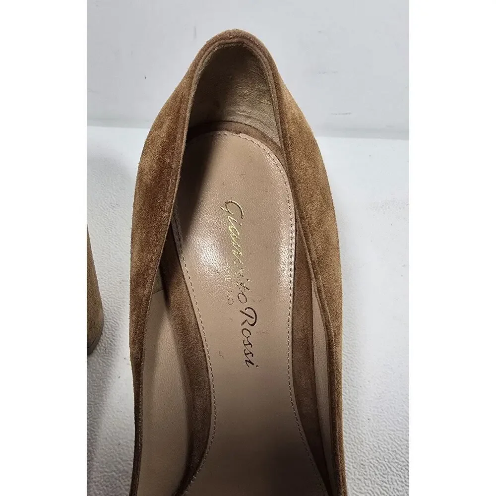 Gianvito Rossi Camel Cognac Suede Heels Pumps 36.5/6.5 Round Toe Block Heel $895